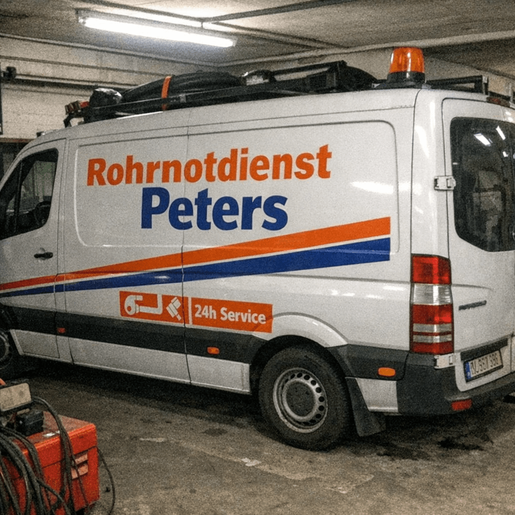 Weißer Einsatzwagen steht morgens vor einem Wohnhaus mit bereitgelegtem Werkzeug