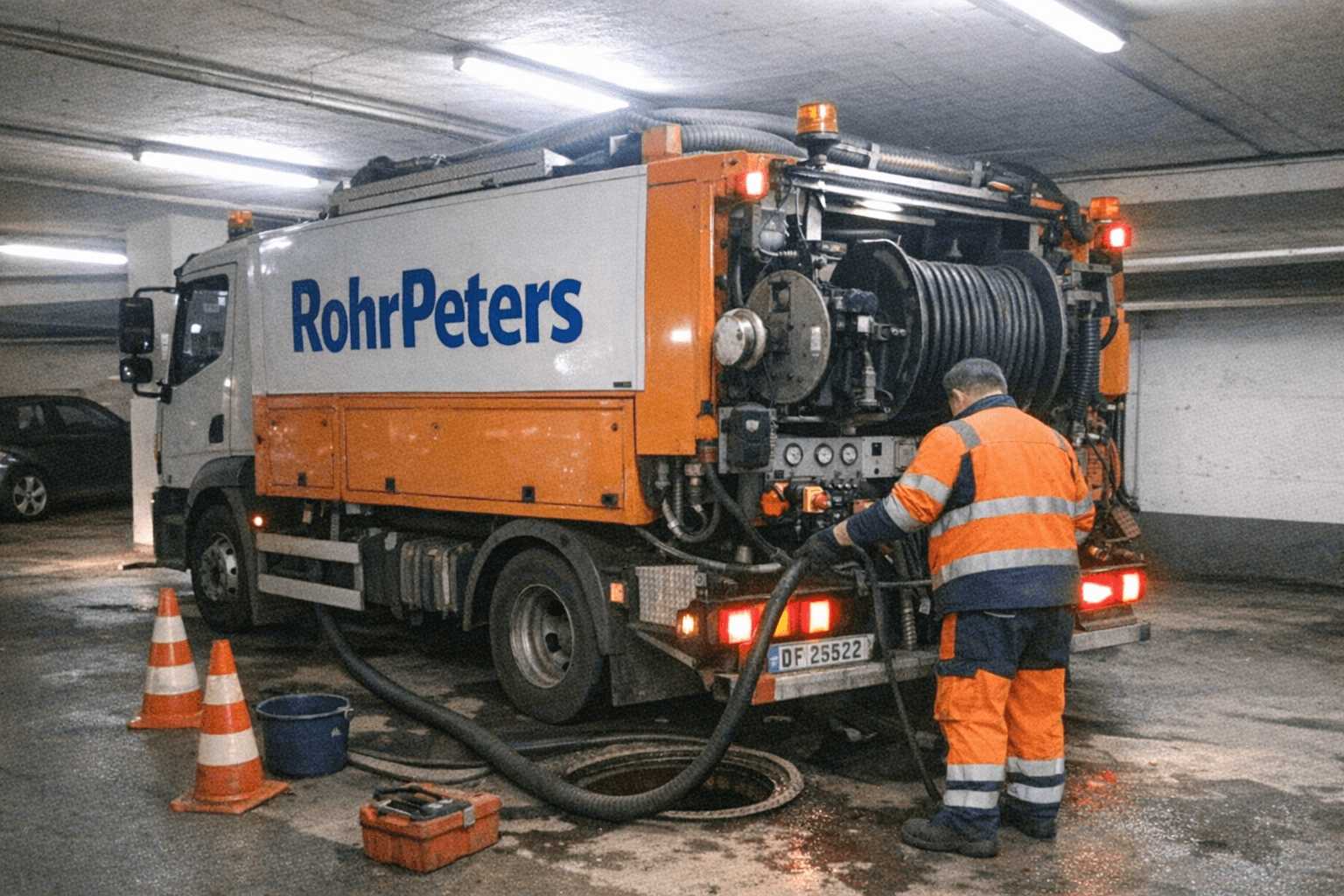 Hochdruckschlauch führt von einem Spülfahrzeug in einen geöffneten Schacht auf dem Hof