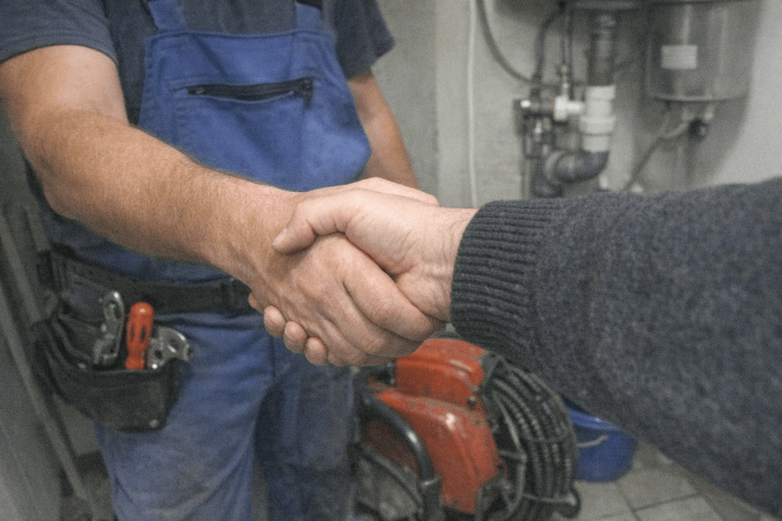 Monteur zeigt einem Kunden im Eingangsbereich die dokumentierte Ursache der Verstopfung