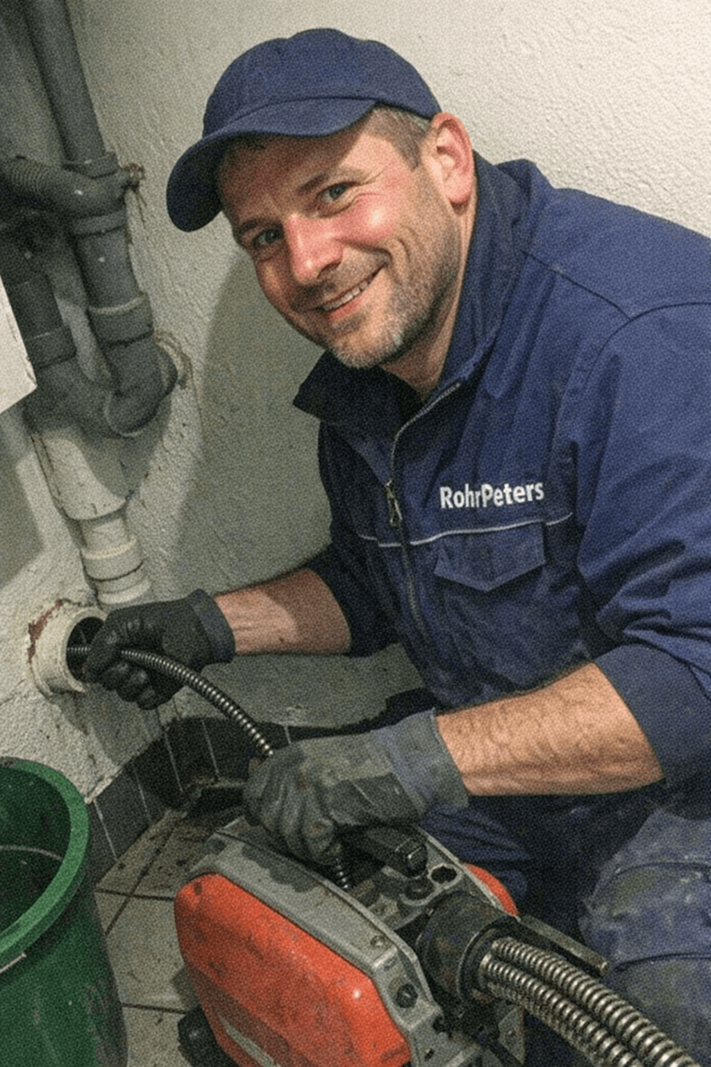 Fachhandwerker arbeitet knieend an einem geöffneten Bodenablauf im Badezimmer