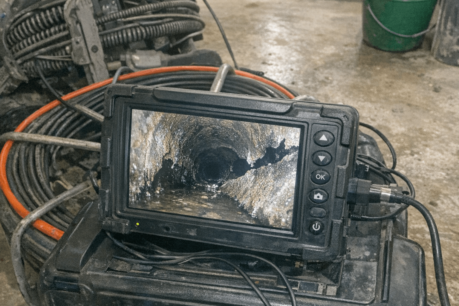 Kontrollbildschirm mit Kamerabild steht neben einer geöffneten Revisionsöffnung im Keller